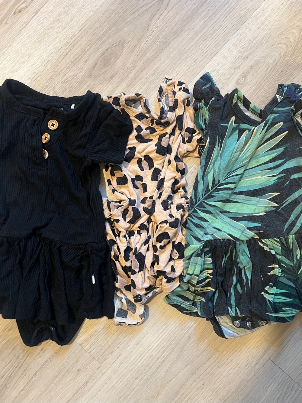 Posh Peanut Black and Beige Leopard Print Baby Bodysuit Dress Bundle